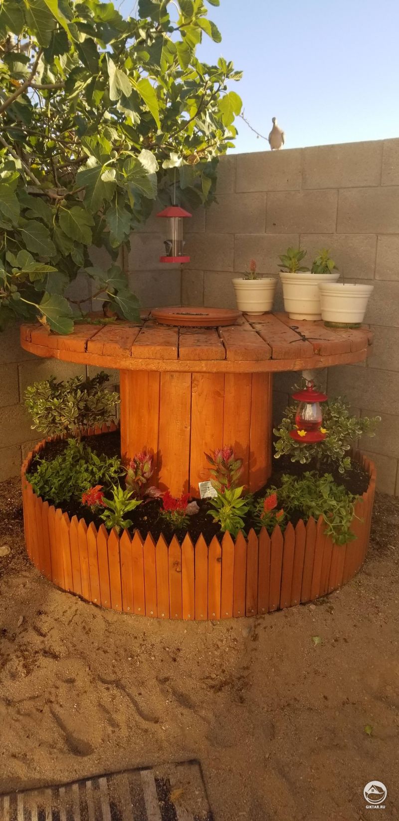 Сделали клумбу и кормушку для птиц из гигантской катушки. Здорово, что птички вернулись!